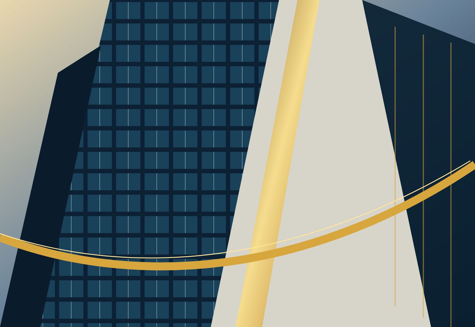 Stylised close architectural study of a gold-lined tower facade
